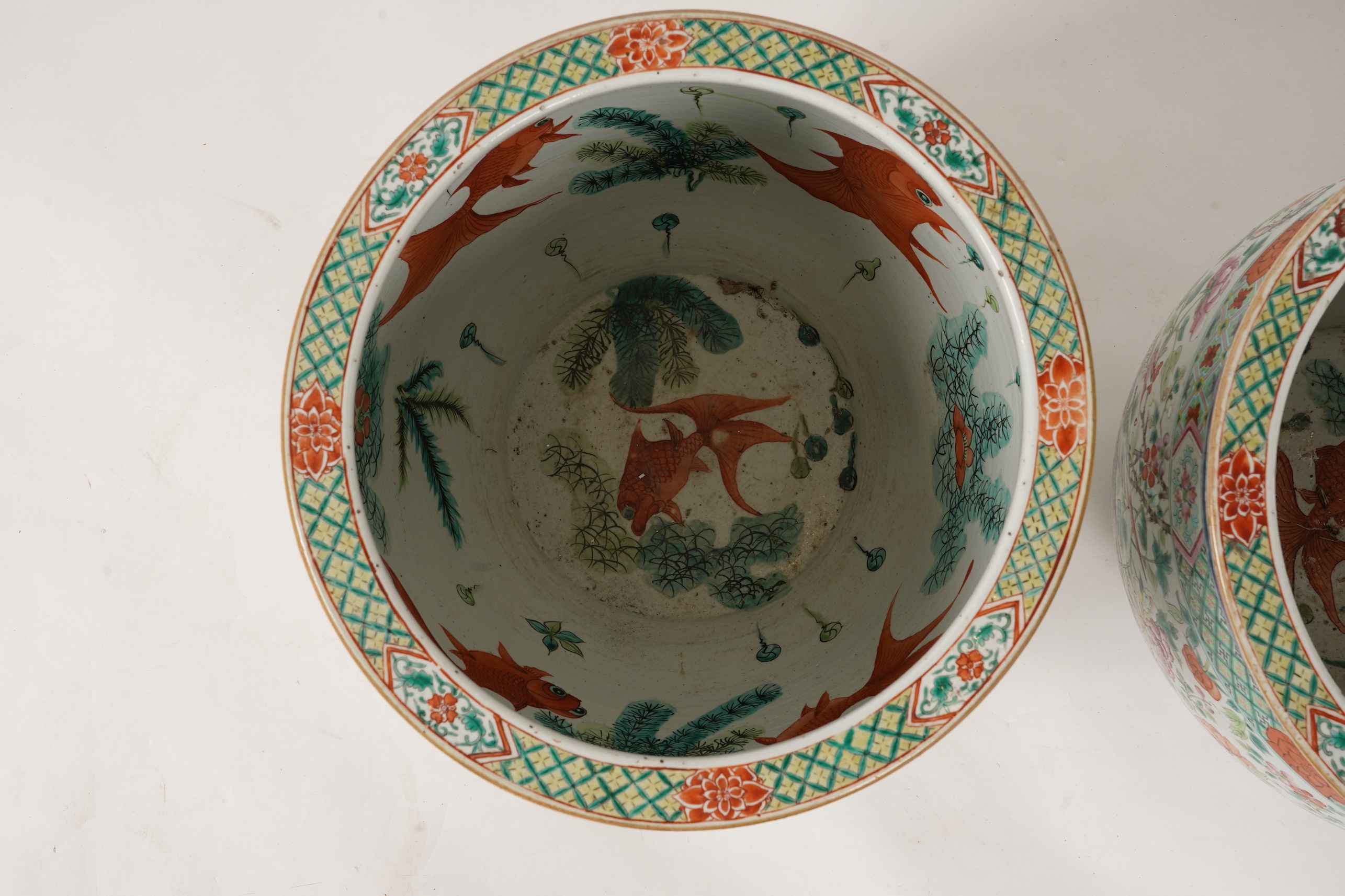 A good pair of large Chinese famille rose fish bowls, 19th century